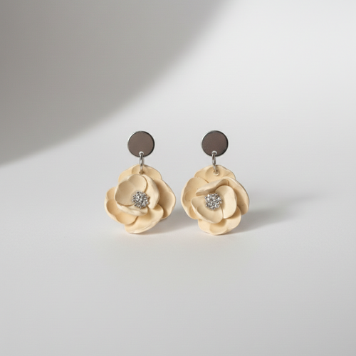 Boucle d'oreille fait main _ France _ Auvergne _ Acier inoxydable_Pendant_Beige__Paillette_Fleur