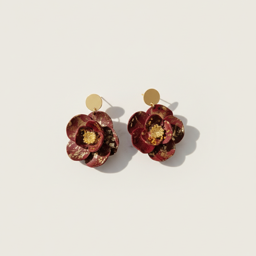 Boucle d'oreille fait main _ France _ Auvergne _ Acier inoxydable_Pendant_Bordeau__Paillette_Fleur