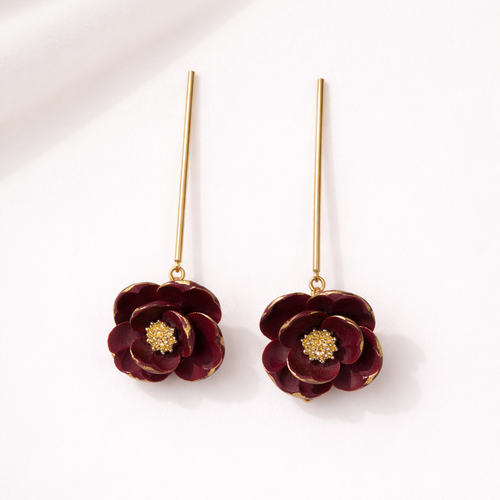 Boucle d'oreille fait main _ France _ Auvergne _ Acier inoxydable_Pendant_Bordeau_Fleur