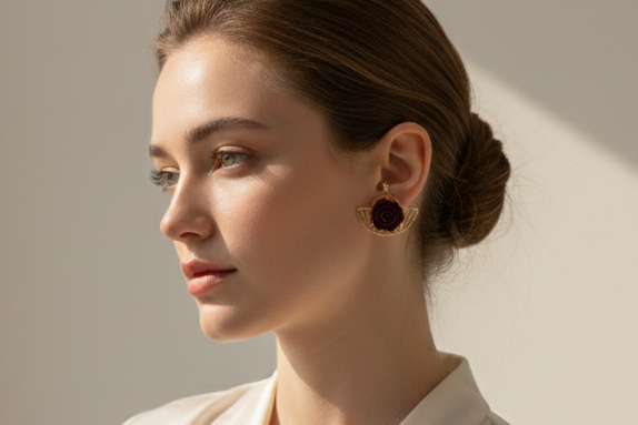 Boucle d'oreille fait main _ France _ Auvergne _ Acier inoxydable_Pendant_Fleur_Bordeau_Dorée
