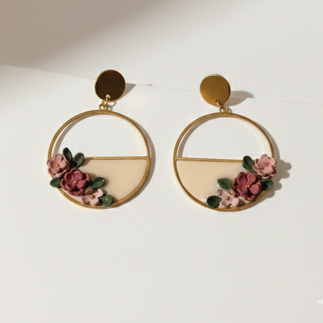 Boucle d'oreille fait main _ France _ Auvergne _ Acier inoxydable_Pendant_Rond_Bordeau_Rose