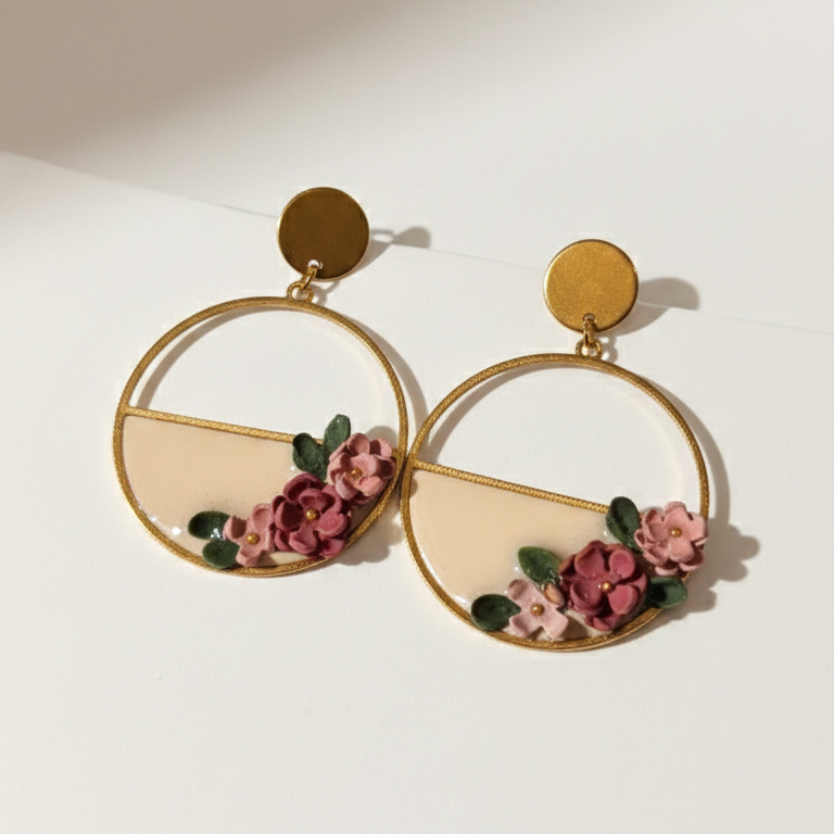 Boucle d'oreille fait main _ France _ Auvergne _ Acier inoxydable_Pendant_Rond_Bordeau_Rose