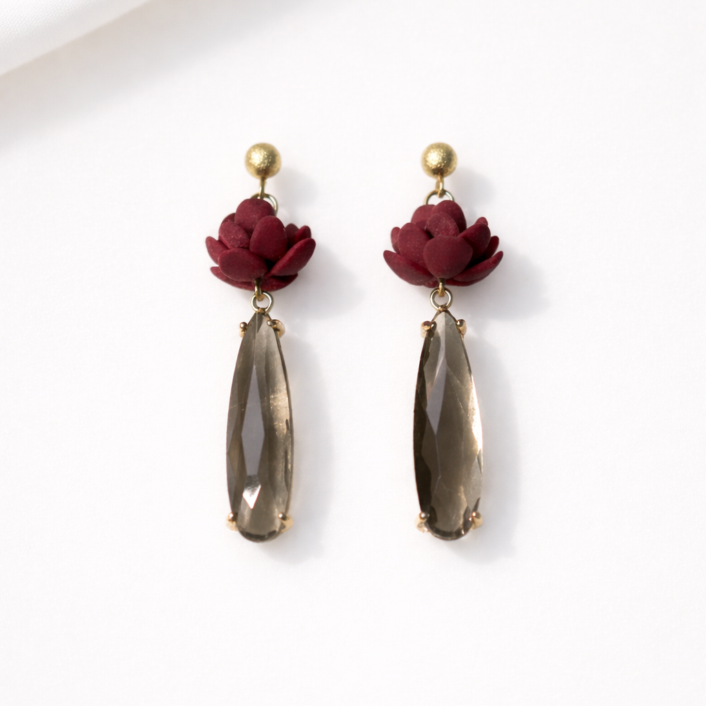 Boucle d'oreille fait main _ France _ Auvergne _ Acier inoxydable_Pendant_Fleur_Bordeau