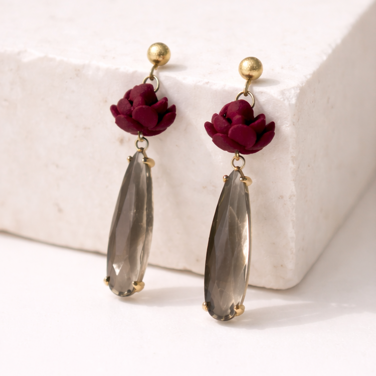 Boucle d'oreille fait main _ France _ Auvergne _ Acier inoxydable_Pendant_Fleur_Bordeau