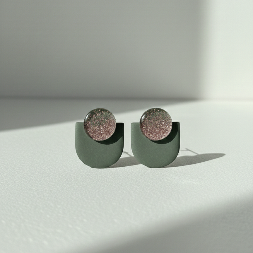 Boucle d'oreille fait main _ France _ Auvergne _ Acier inoxydable_Pendant_kaki_Paillette_Géométrique